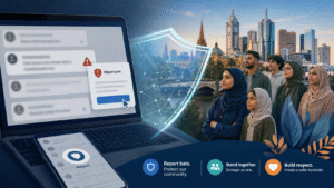 Symbolic illustration of online hate being reported, with a protective shield between blurred social media comments and a diverse Muslim community in an Australian city setting.