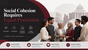 Feature image for an Alliance Against Islamophobia blog post showing diverse community members in conversation, with the headline “Social Cohesion Requires Equal Protection” and themes of equal dignity, institutional fairness, open dialogue and stronger communities.