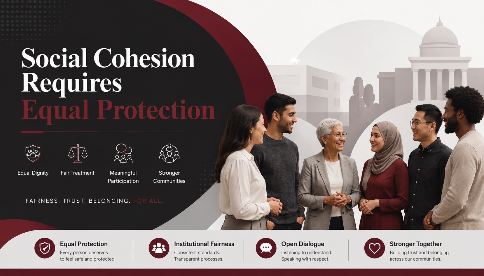 Feature image for an Alliance Against Islamophobia blog post showing diverse community members in conversation, with the headline “Social Cohesion Requires Equal Protection” and themes of equal dignity, institutional fairness, open dialogue and stronger communities.