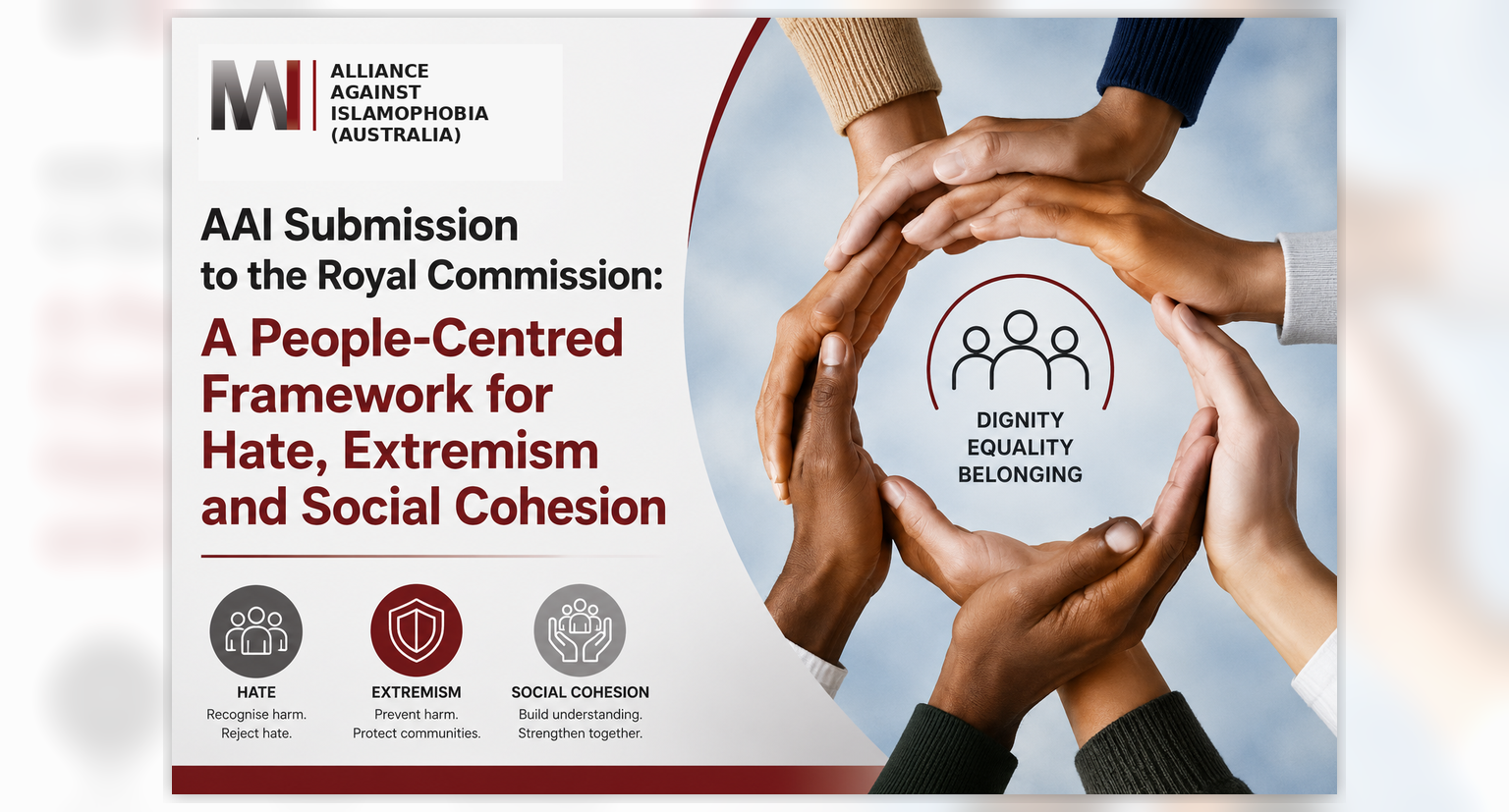 WordPress-safe feature image for AAI’s Royal Commission submission, highlighting a people-centred framework for hate, extremism and social cohesion.
