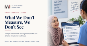 Muslim patient and family speaking with a healthcare clinician beside an AHPEQS patient experience checklist about fairness, discrimination and equitable care.