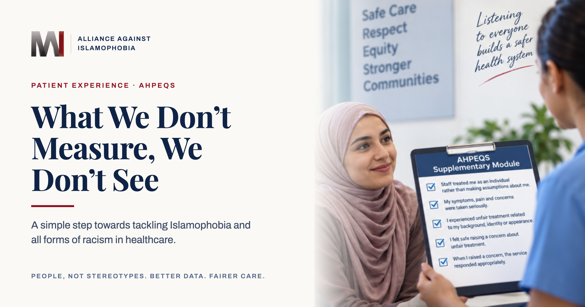 Muslim patient and family speaking with a healthcare clinician beside an AHPEQS patient experience checklist about fairness, discrimination and equitable care.
